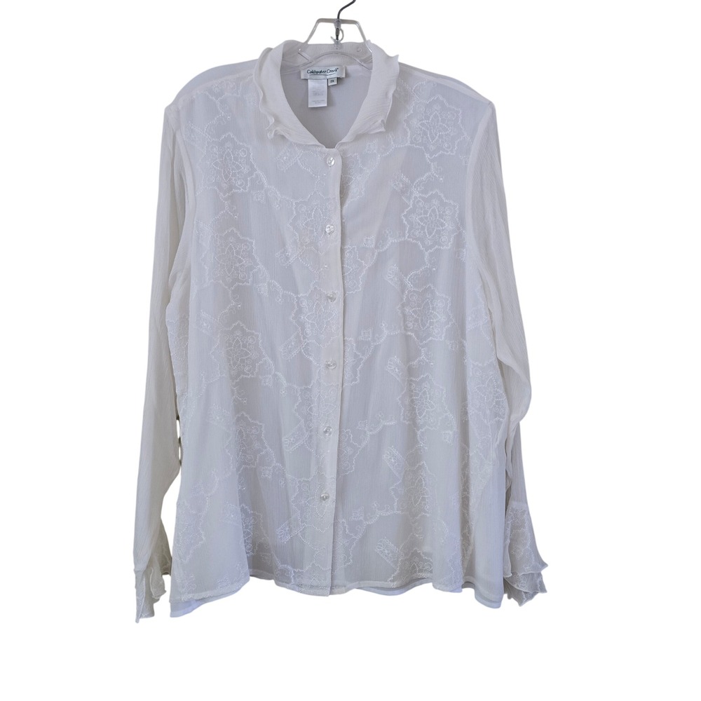Coldwater Creek Silk Embroidered Ruffle Blouse White 2X Long Sleeve Button Front